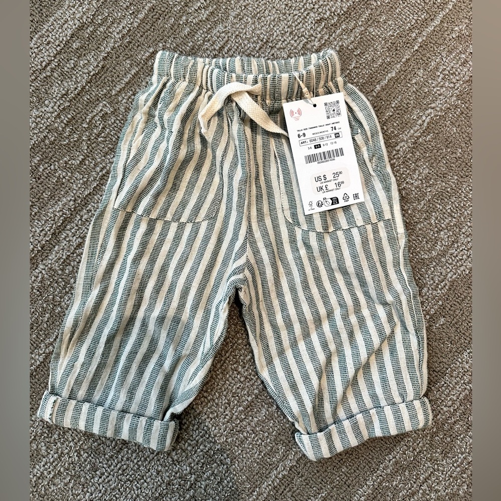 Zara Baby 6-9 months green striped linen blend pants